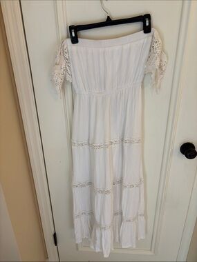 Shinestar White Off-Shoulder Lace Trim Maxi Dress